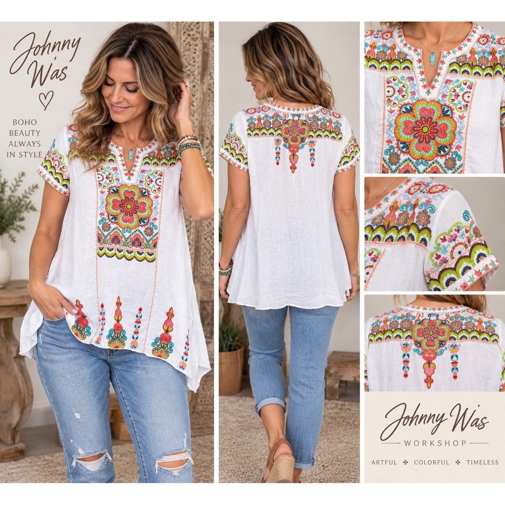 Johnny Was Tunic Top White Floral Embroidered Ramie Boho Size S